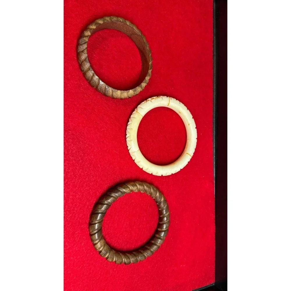 Vintage Carved Wood Resin Bangle Bracelets Lot Stackable Boho Chunky Set 3